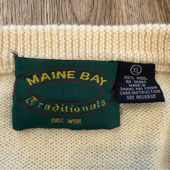 Vintage Maine Bay Cable Knit Wool Sweater Men’s XL Cream Preppy Academia FLAW - Picture 3 of 7